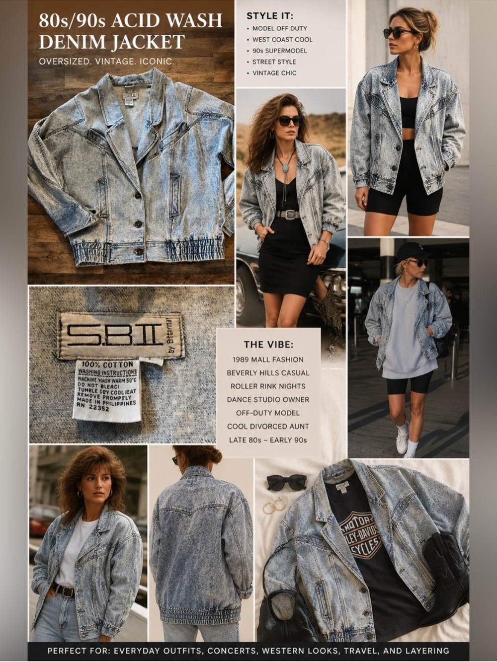 Vintage 80s Acid Wash Denim Jacket Oversized Cool Girl Streetwear